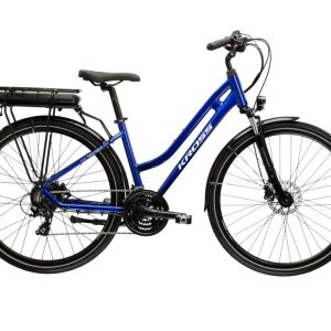 Kross Trans Hybrid 345 – Vélo électrique de trekking 345 Wh, bleu-blanc brillant