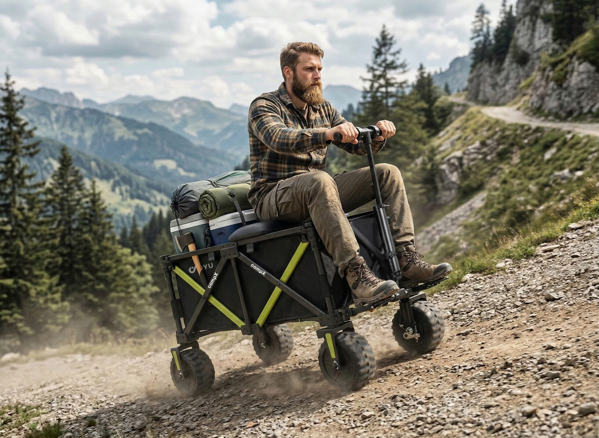 DYU CampX electric wagon rideable mode on mountain trail