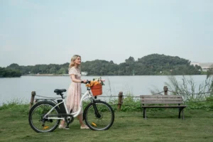 DYU C6 electric bike parked by a lake bench after a city ride
