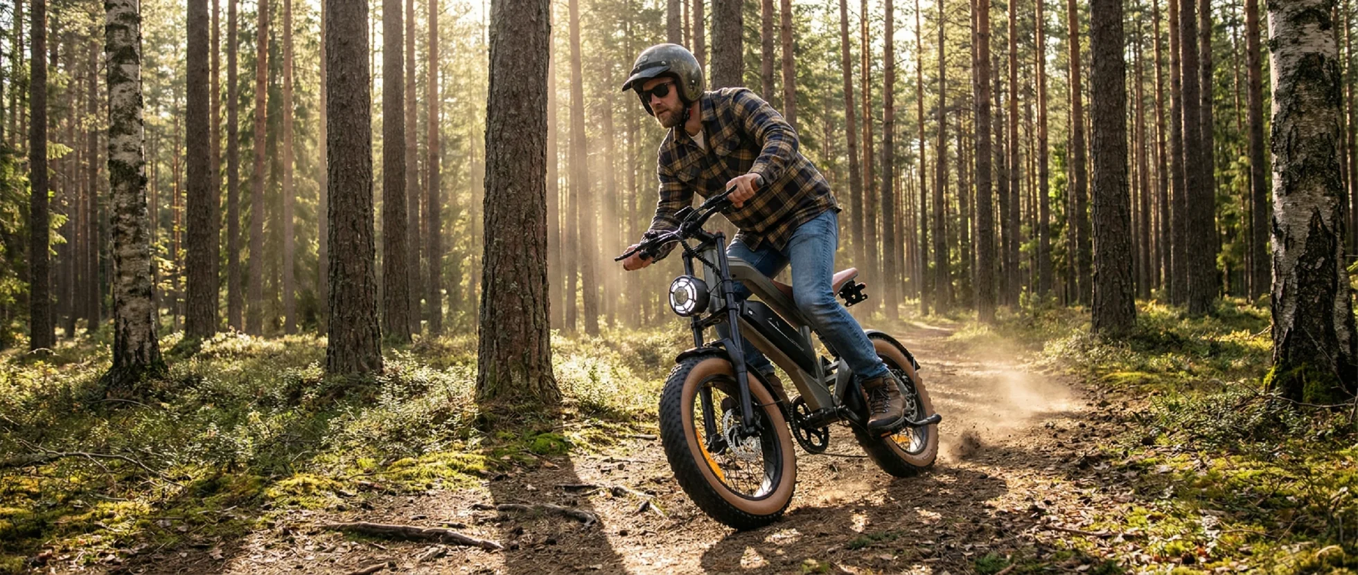 DYU M20 pneu gordo e-bike trilha florestal andando vista lateral