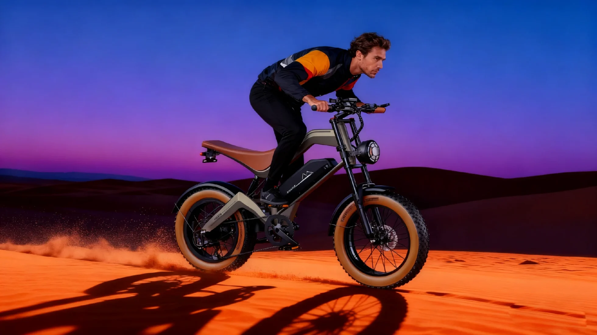 M20 All-Terrain fat tire e-bike jumping at sunset