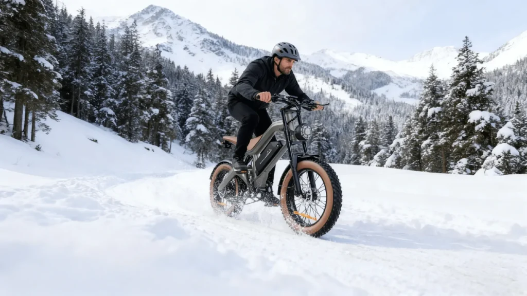DYU M20 fat tire e-bike riding in a cold mountain scene