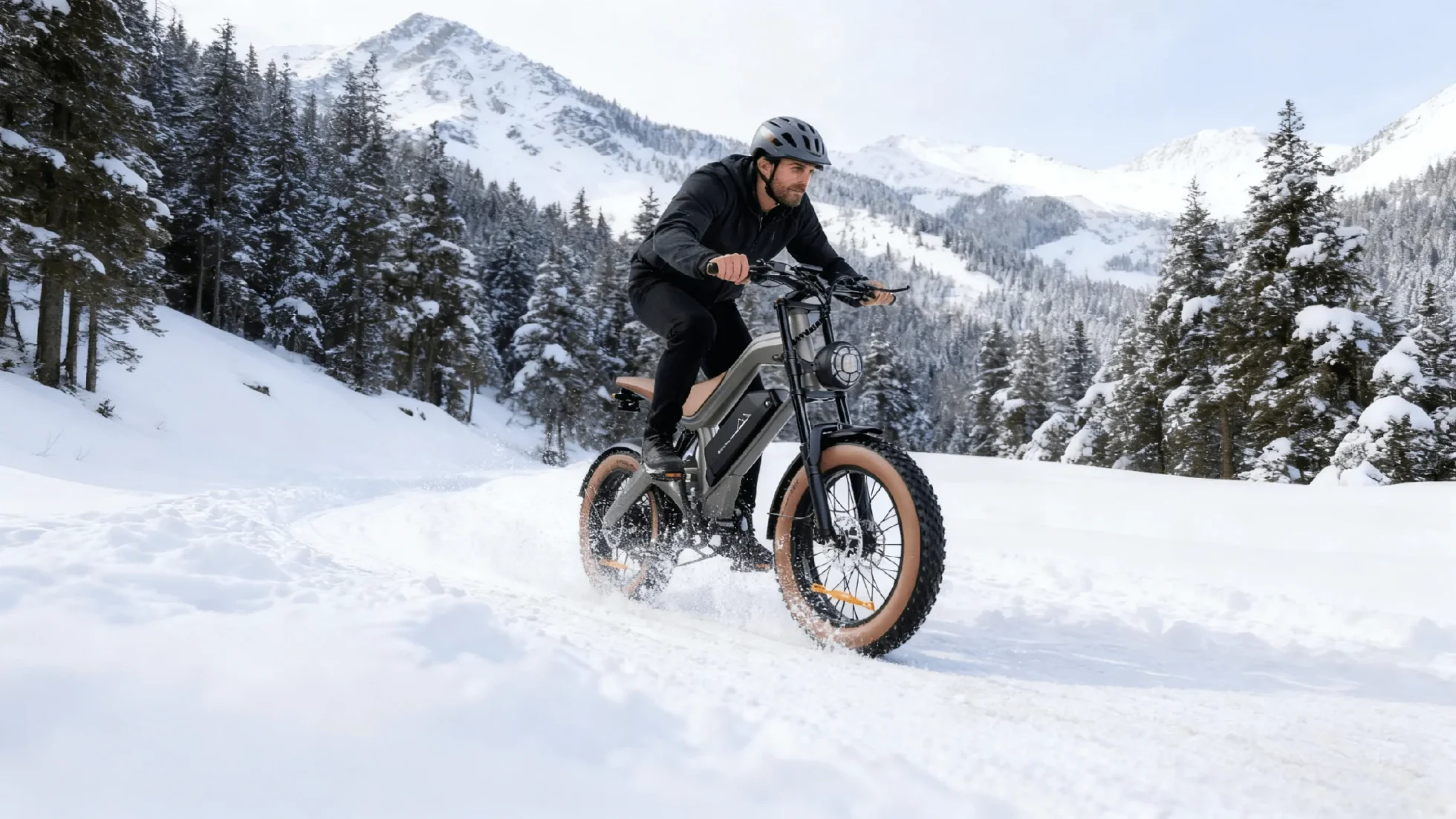 M20 All-Terrain fat tire e-bike riding in a mountain scene