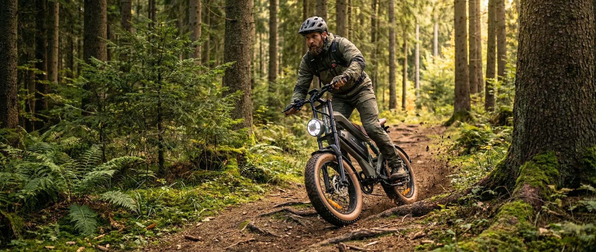 DYU M20 All-Terrain-E-Bike auf einem malerischen Reitweg