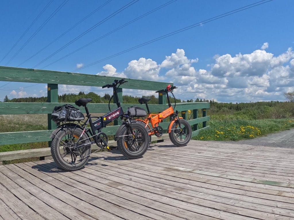 ENGWE EP-2 Boost fat tire folding e-bike parked on a bridge during a ride
