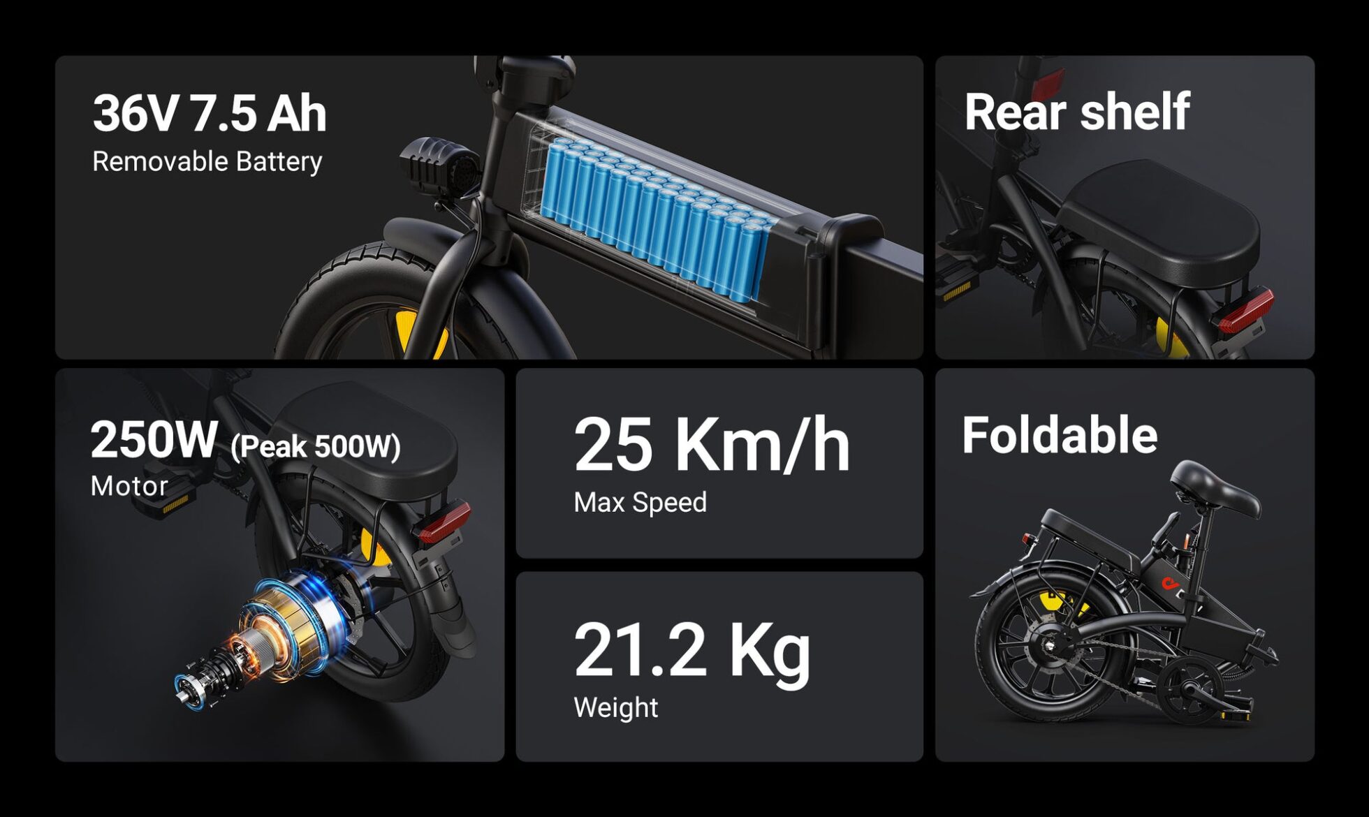 DYU A1F Pro-specificatiebord met daarop het motortoerental, het gewicht van de batterij en het opvouwbare frame