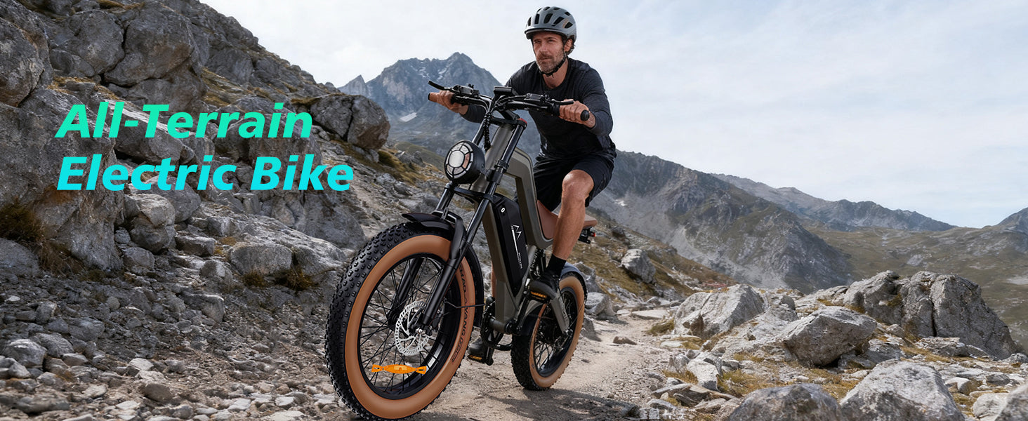 Bicicleta eléctrica todoterreno DYU M20 en un sendero rocoso