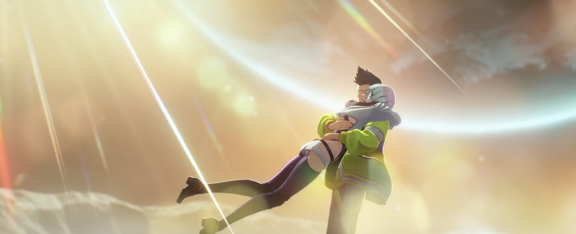 David holding Lucy in a moonlit Cyberpunk Edgerunners scene