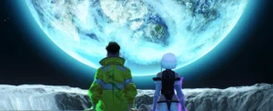David and Lucy looking toward the moon in a Cyberpunk Edgerunners scene