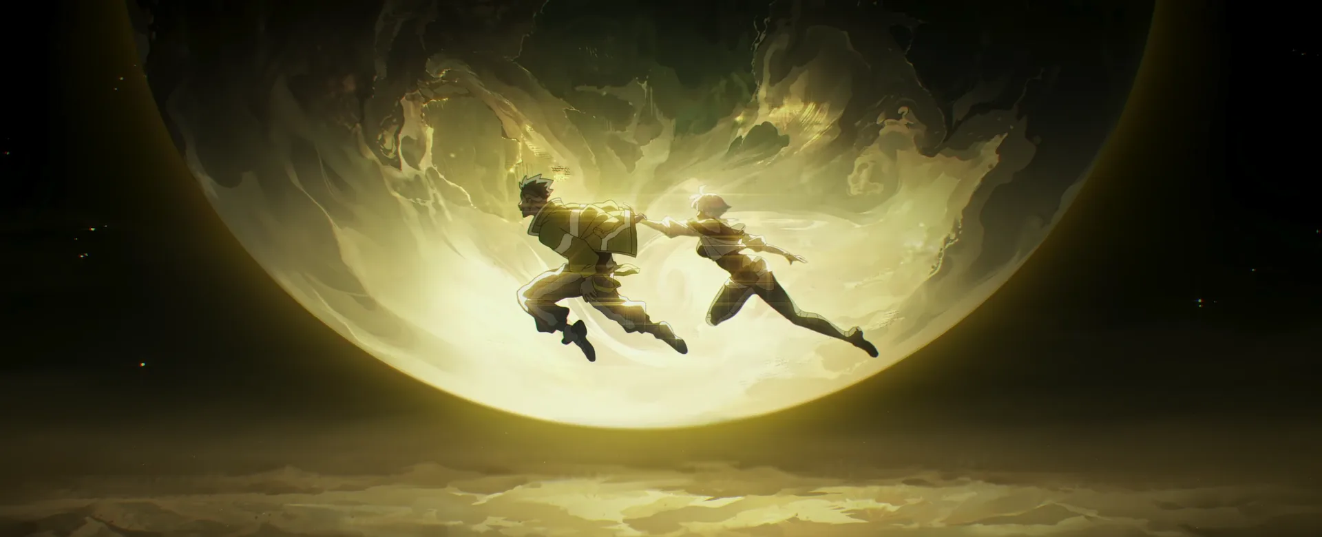 David and Lucy running before a moonlit Cyberpunk Edgerunners background