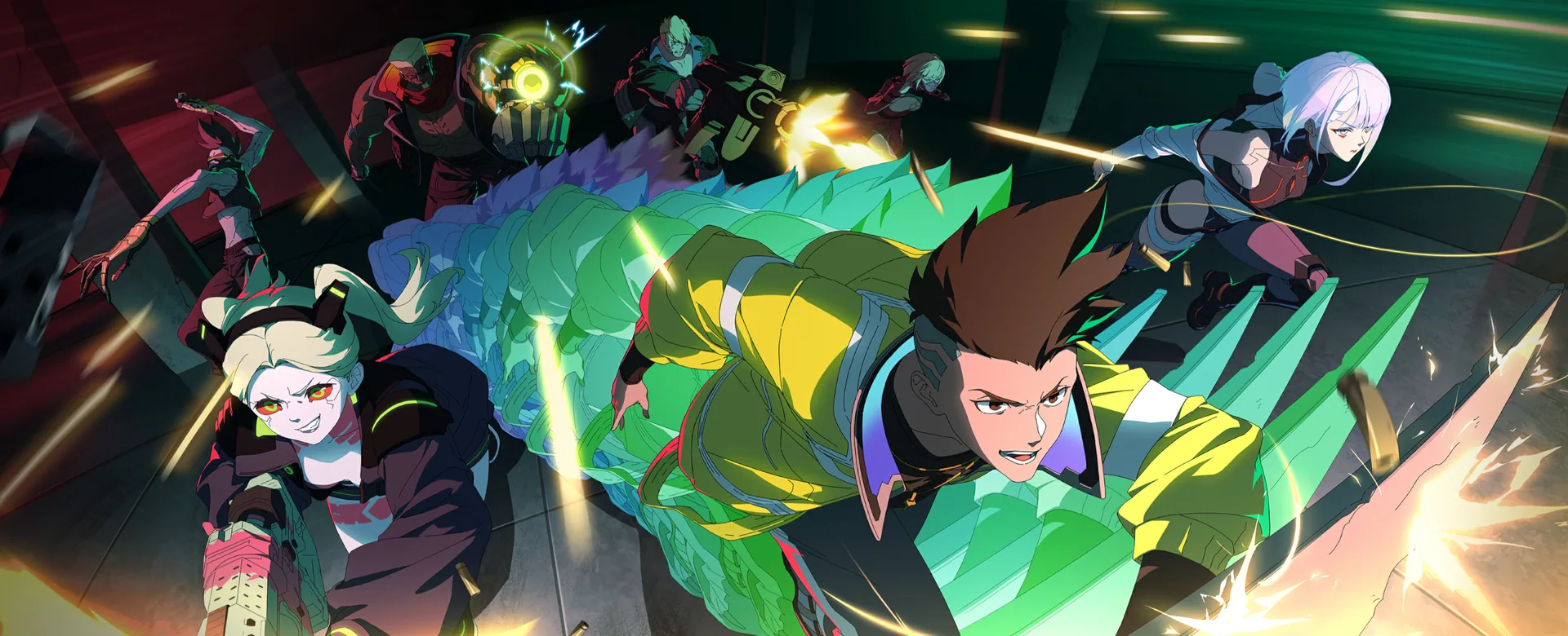 Cyberpunk Edgerunners crew moving through a firefight scene