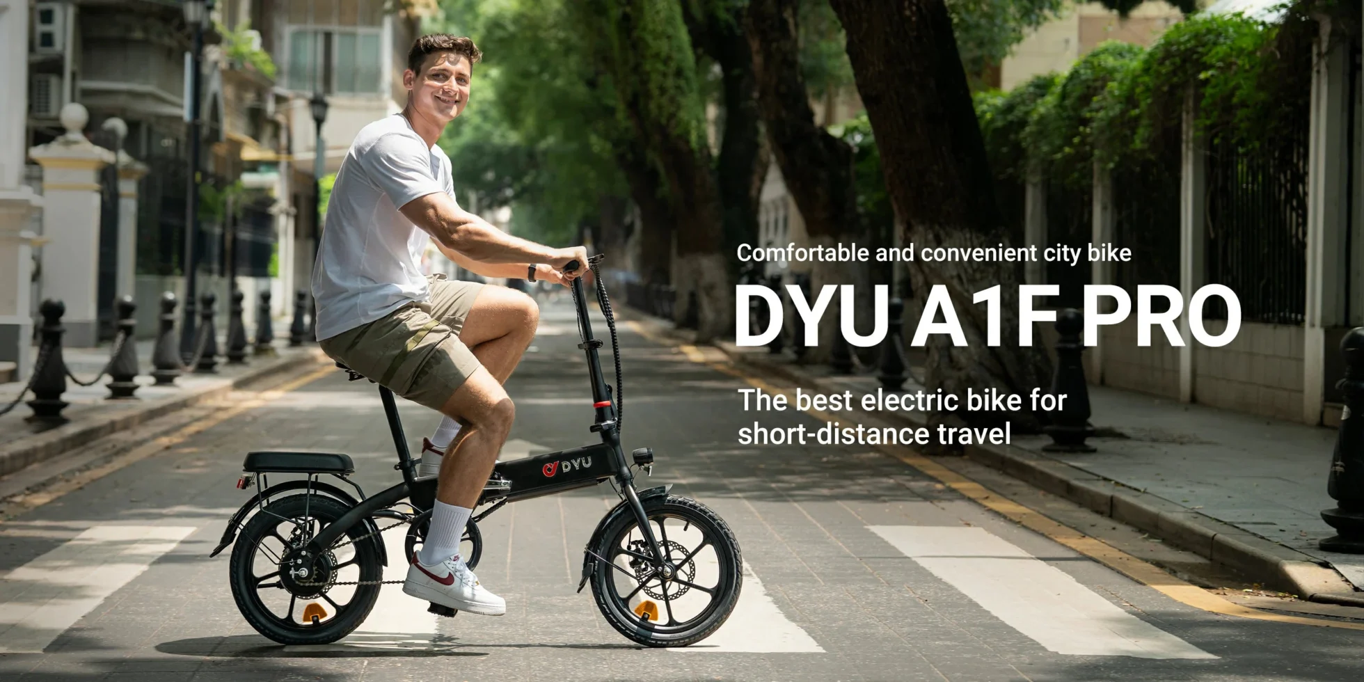 Rider commuting through the city on a DYU A1F Pro folding electric bike